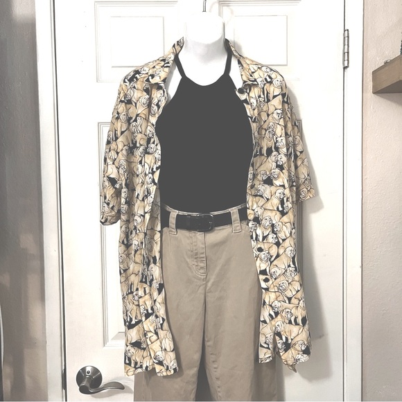 Bull Dog Button Down Short Sleeve Shirt Renate Schuler Raw Silk Yellow Black - Picture 2 of 9